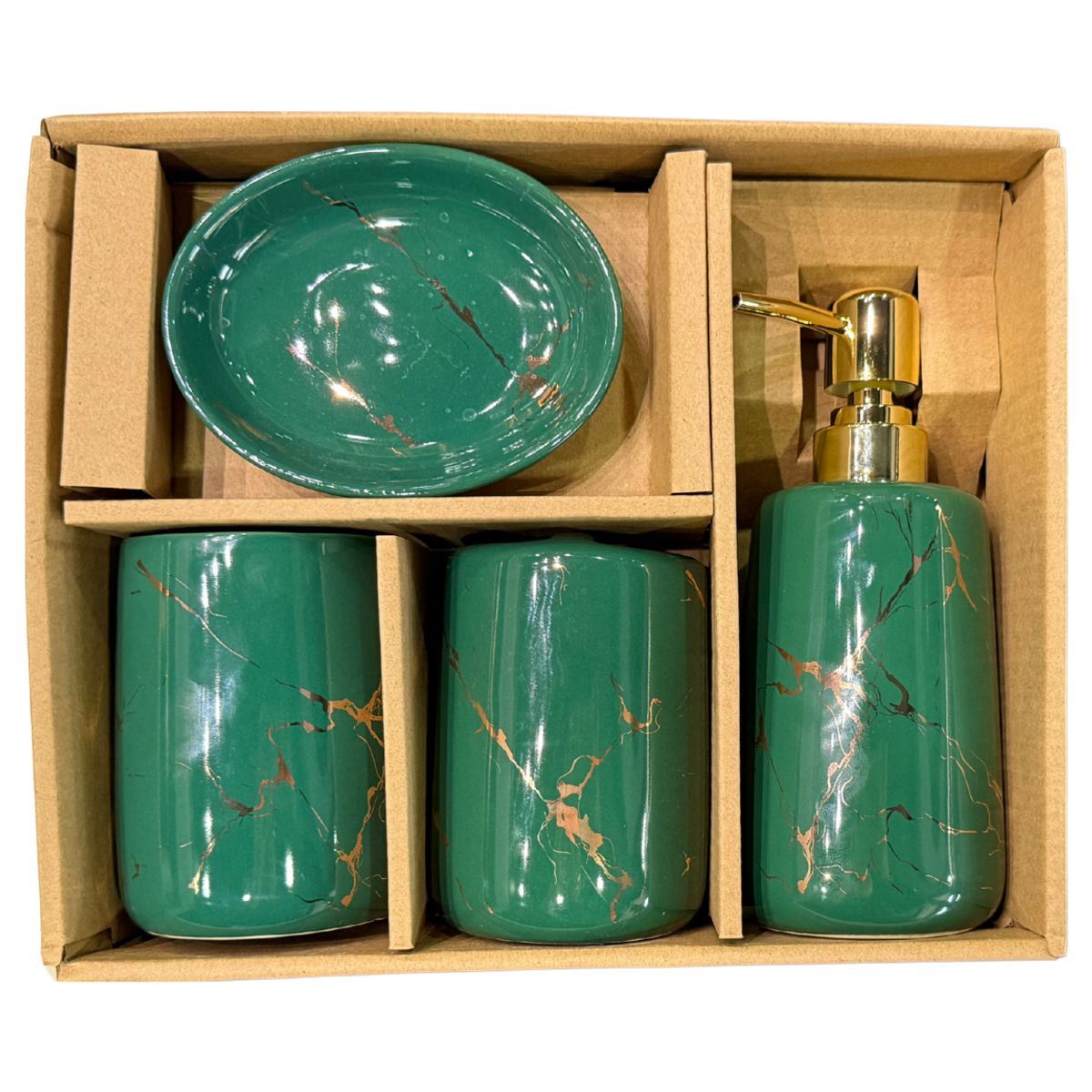 GENERICO - Set Accesorios De Baño 4 Piezas Cerámica Verde Marmoleado 400ML