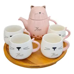 GENERICO - Tetera Kawaii De Porcelana Con 4 Tazas Y Bandeja Bambu Cat