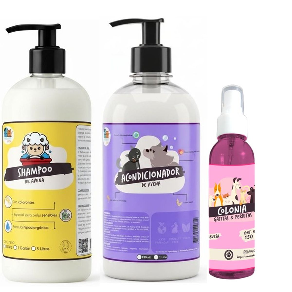 MASCOKITS - Shampoo + Acondicionador De Avena 1 Litro + Colonia Mascotas