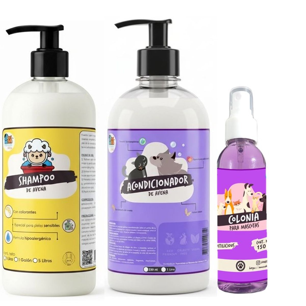 MASCOKITS - Shampoo + Acondicionador De Avena 1 Litro + Colonia Mascotas