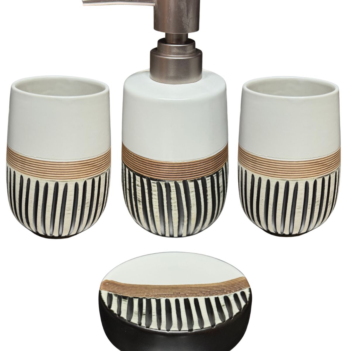GENERICO - Set Accesorios de Baño 4 Piezas Cerámica Blanco y Negro Dispensador y Porta Cepillos