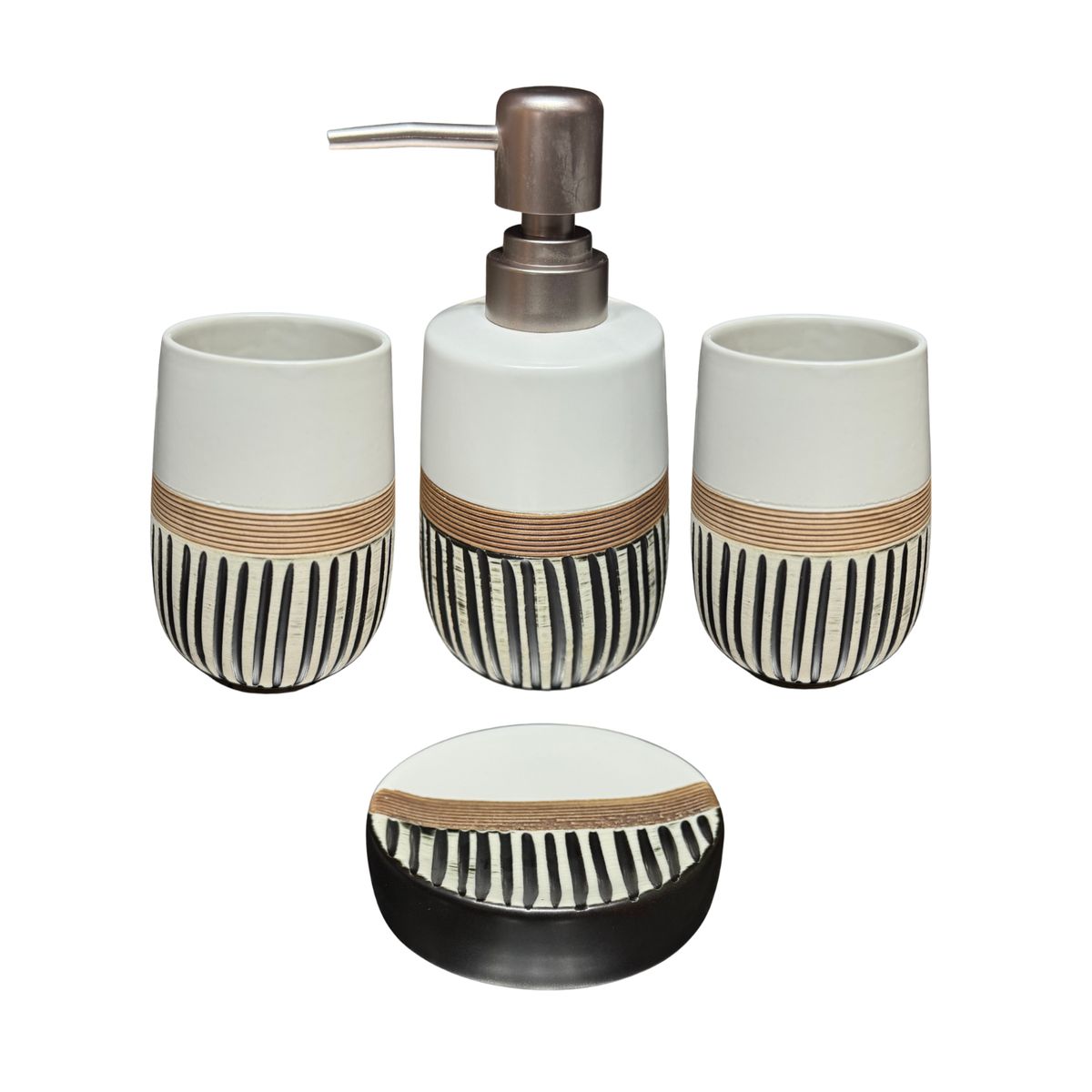 GENERICO - Set Accesorios de Baño 4 Piezas Cerámica Blanco y Negro Dispensador y Porta Cepillos
