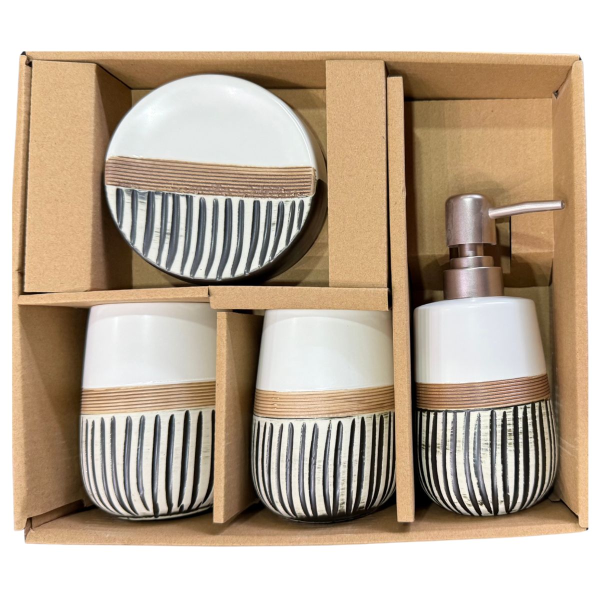 GENERICO - Set Accesorios de Baño 4 Piezas Cerámica Blanco y Negro Dispensador y Porta Cepillos