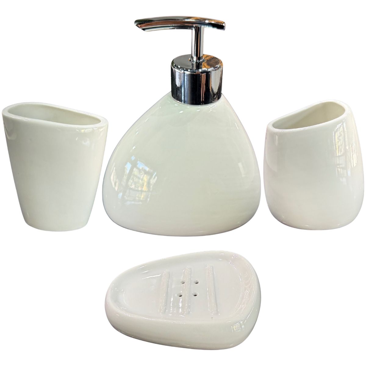 GENERICO - Set Accesorios de Baño 4 Piezas Cerámica Blanco – Dispensador y Porta Cepillos