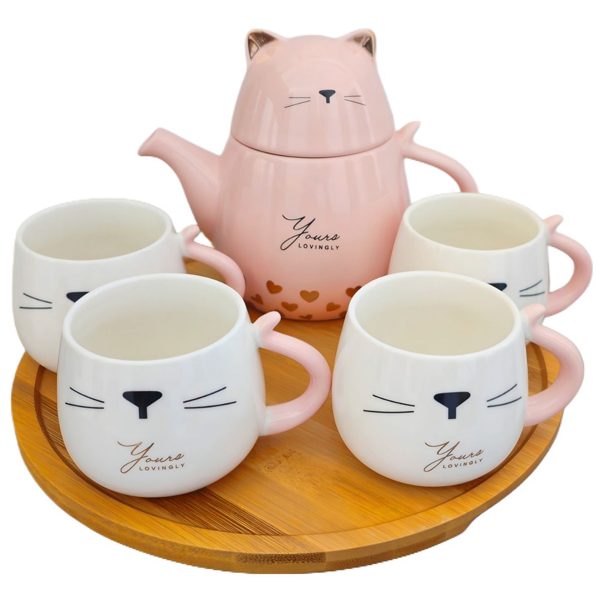 GENERICO - Tetera Kawaii De Porcelana Con 4 Tazas Y Bandeja Bambu Cat