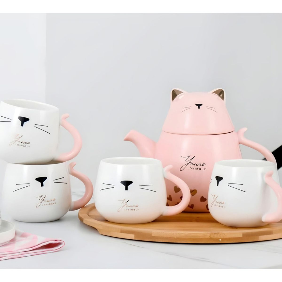 GENERICO - Tetera Kawaii De Porcelana Con 4 Tazas Y Bandeja Bambu Cat