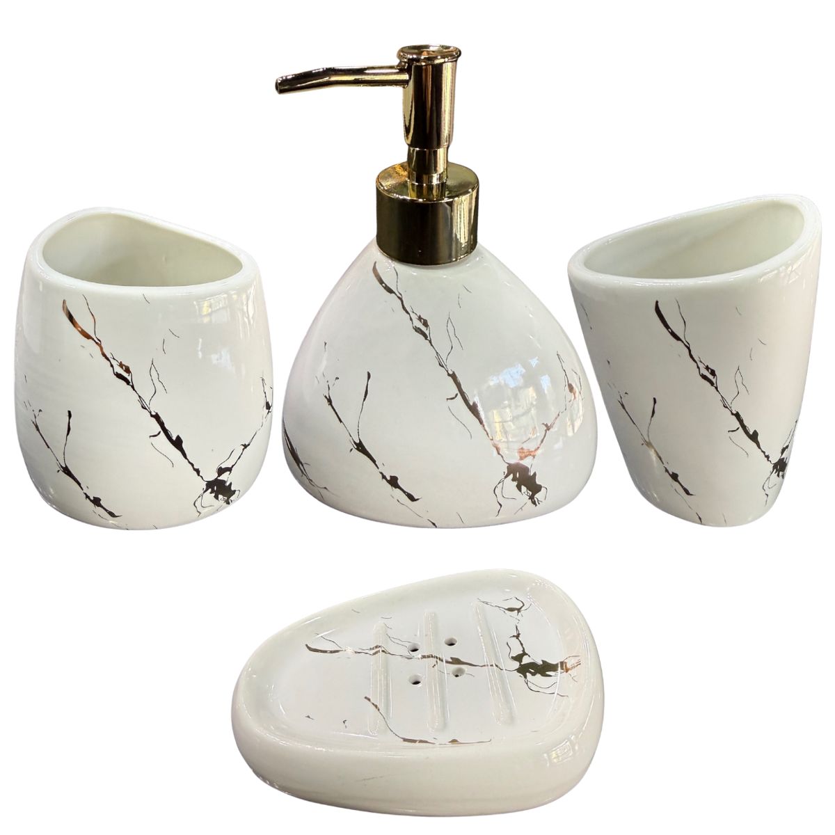 GENERICO - Set Accesorios de Baño 4 Piezas Cerámica Blanco Marmoleado – Dispensador y Porta Cepillos