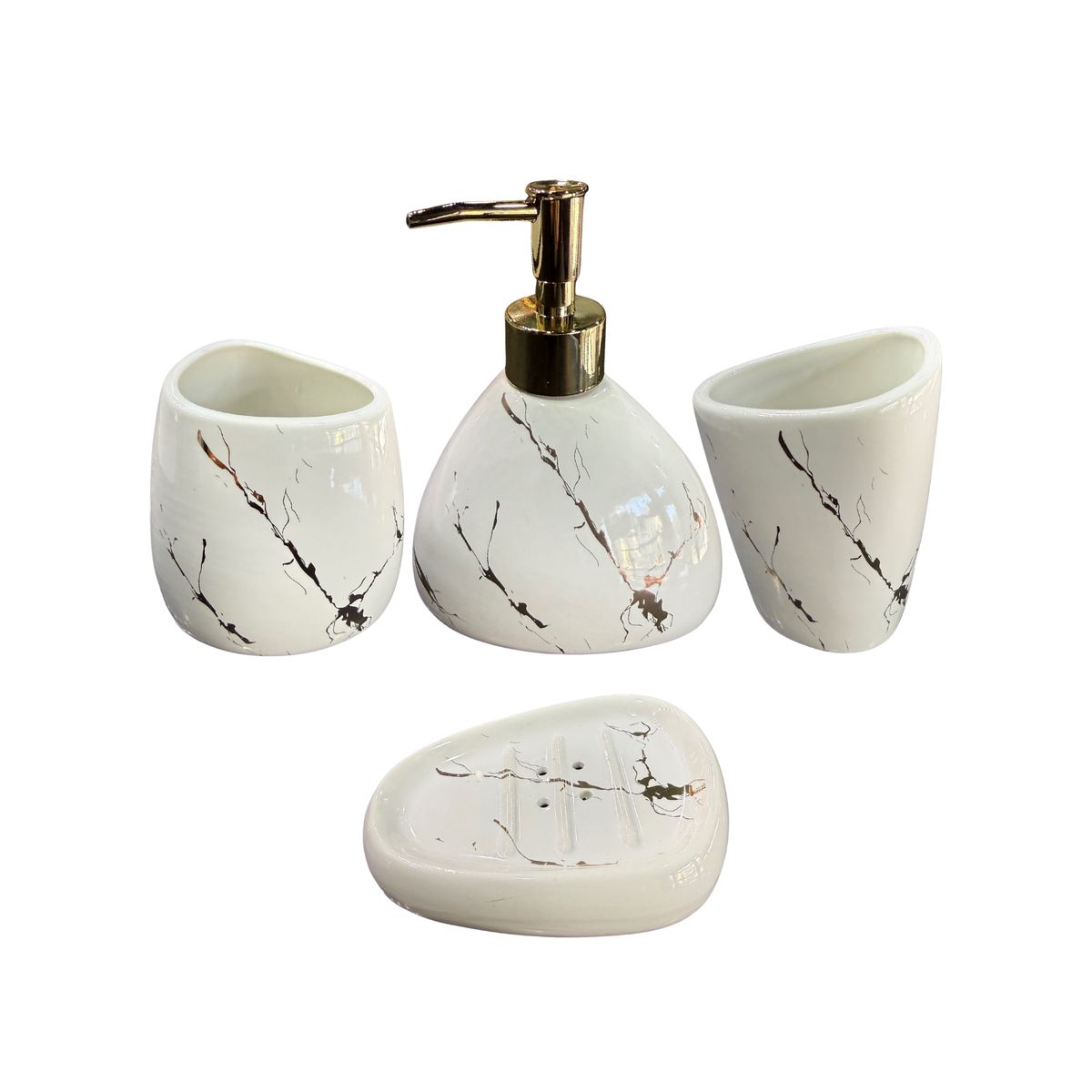 GENERICO - Set Accesorios de Baño 4 Piezas Cerámica Blanco Marmoleado – Dispensador y Porta Cepillos