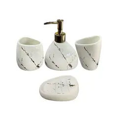 GENERICO - Set Accesorios de Baño 4 Piezas Cerámica Blanco Marmoleado – Dispensador y Porta Cepillos