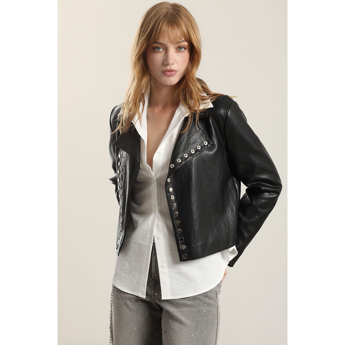 LIOLA - Chaqueta biker efecto cuero, negro Liola