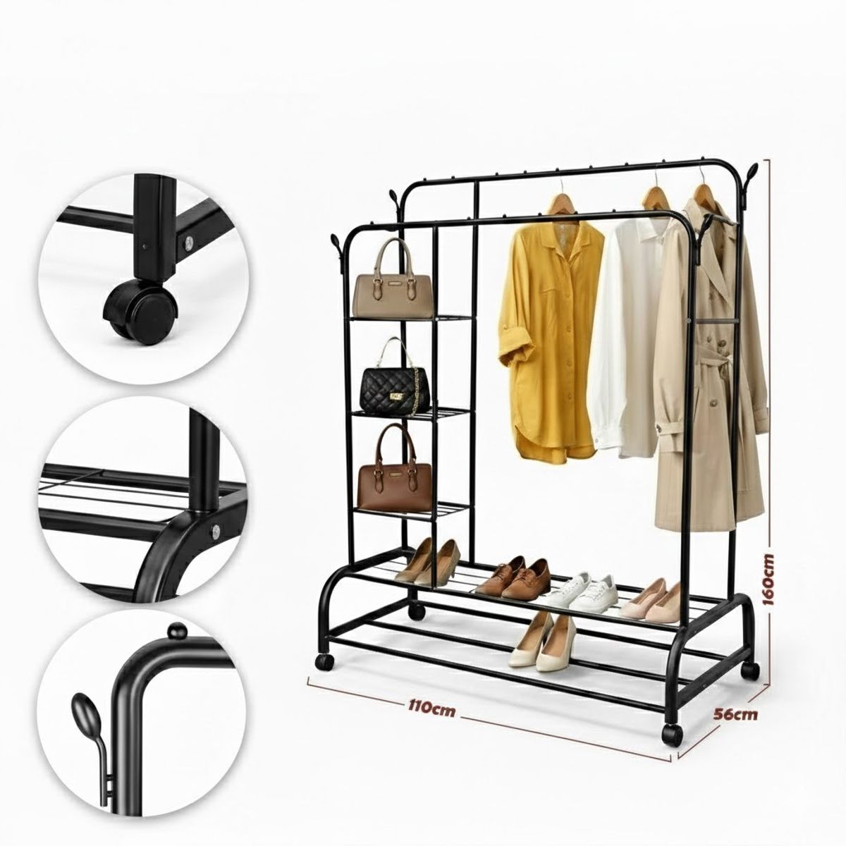 GENERICO - PERCHERO METALICO PARA ROPA COLOR NEGRO DOBLE BARRA CON ZAPATERA