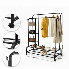 GENERICO - PERCHERO METALICO PARA ROPA COLOR NEGRO DOBLE BARRA CON ZAPATERA