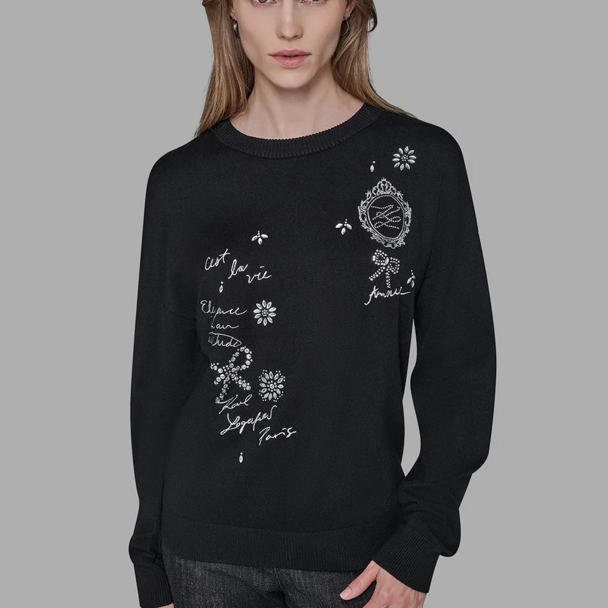 KARL LAGERFELD - Sweater con detalles de gráficos distintivos de Karl en pedrería
