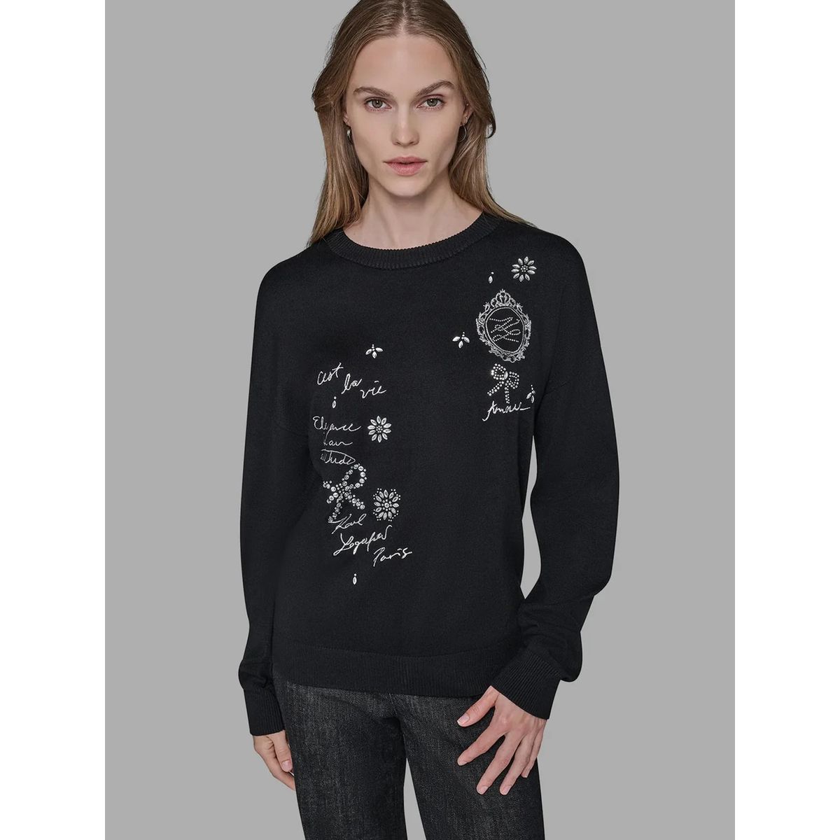 KARL LAGERFELD - Sweater con detalles de gráficos distintivos de Karl en pedrería