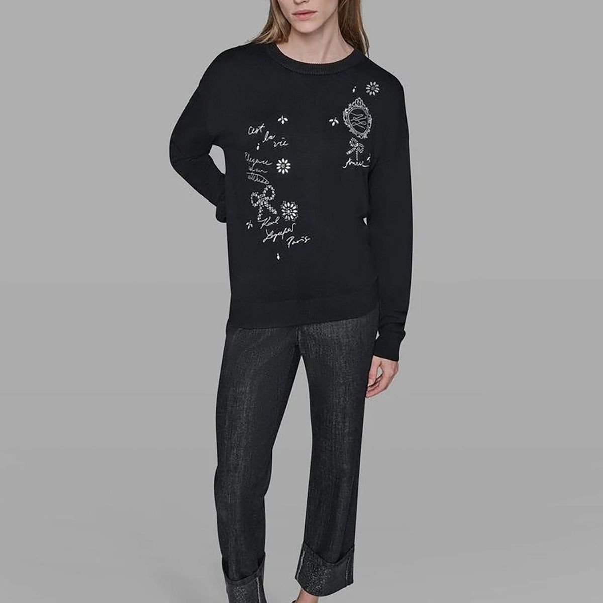 KARL LAGERFELD - Sweater con detalles de gráficos distintivos de Karl en pedrería