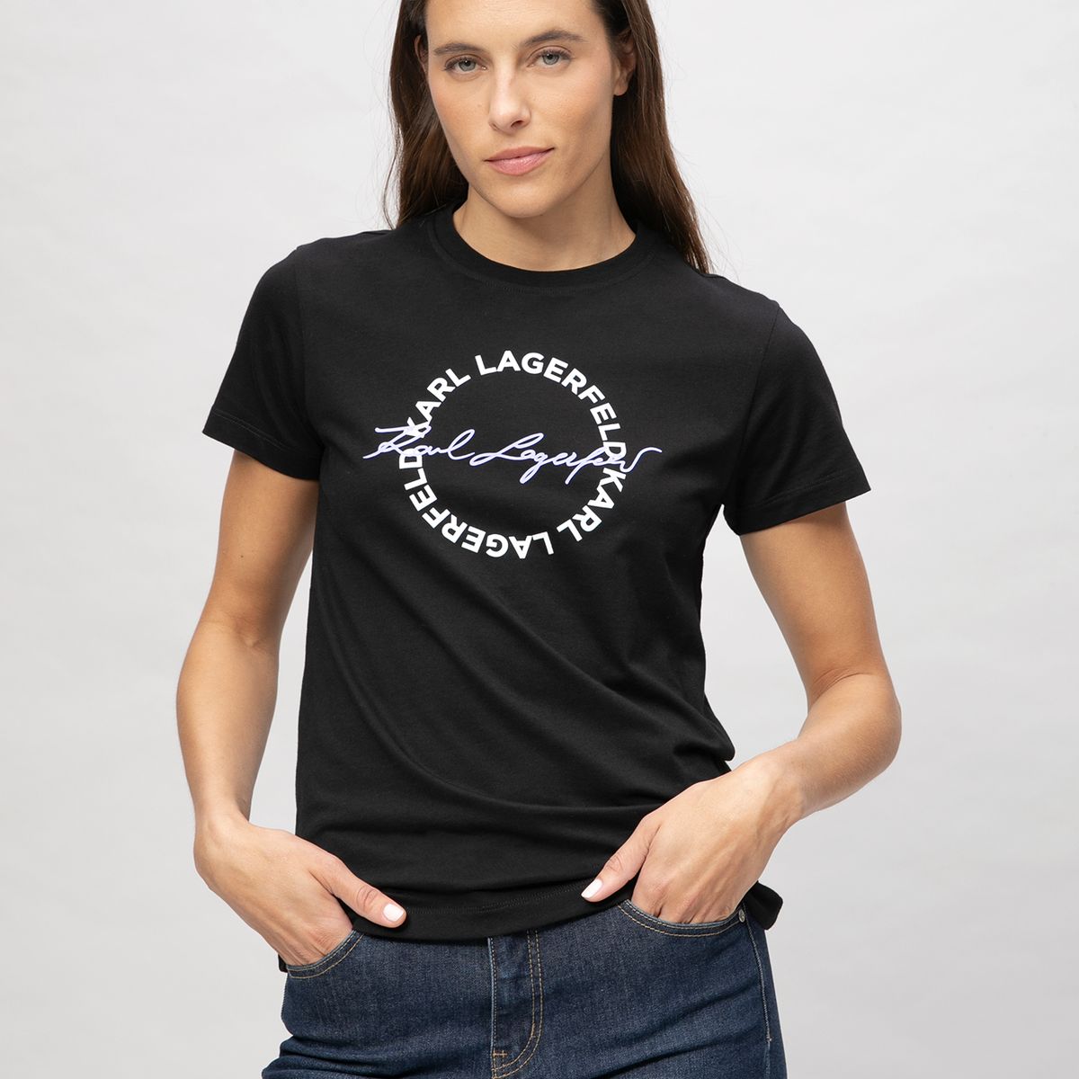 KARL LAGERFELD - Polera de cuello redondo con estampado de firma de Karl