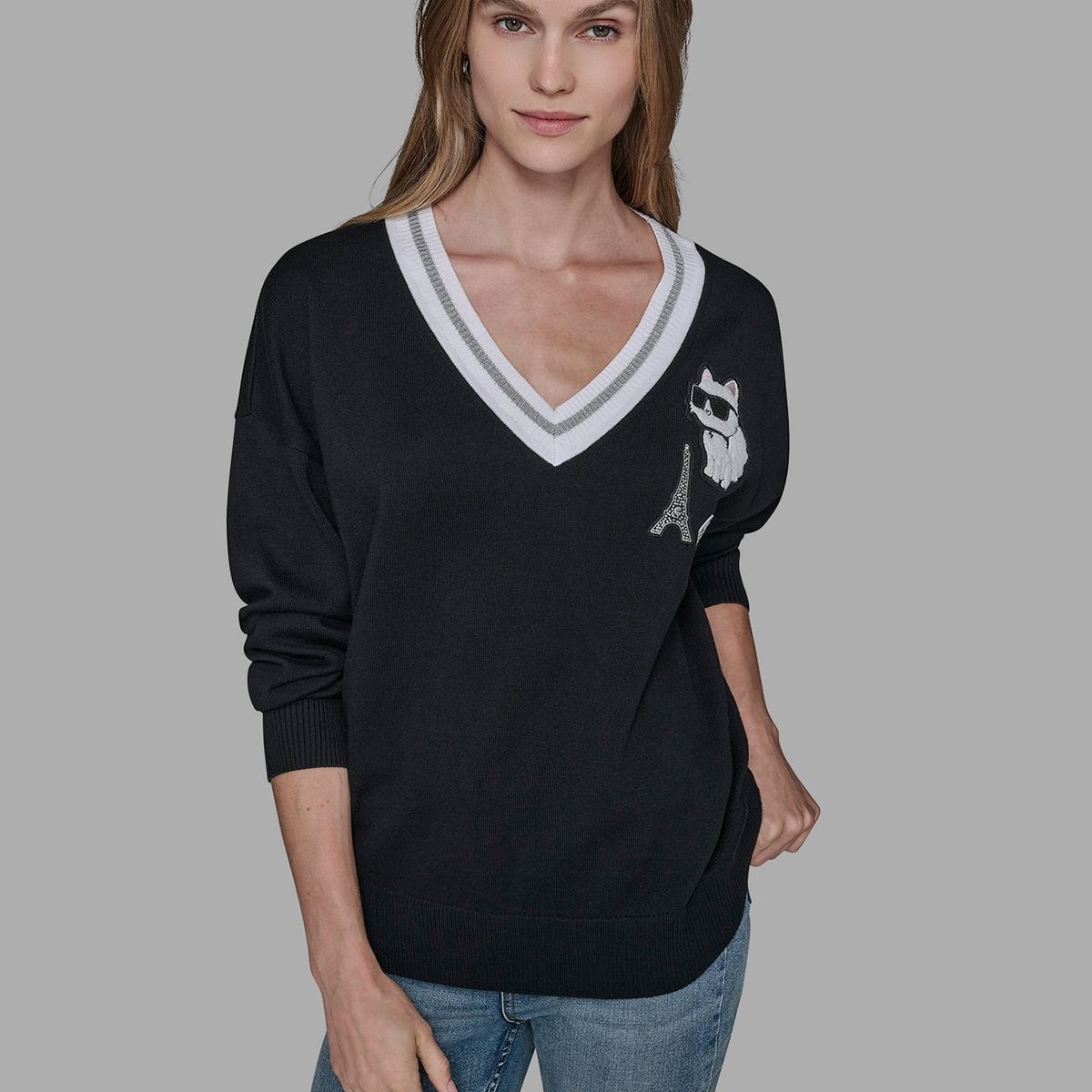 KARL LAGERFELD - Sweater varsity con parches distintivos de Choupette y la Torre Eiffel