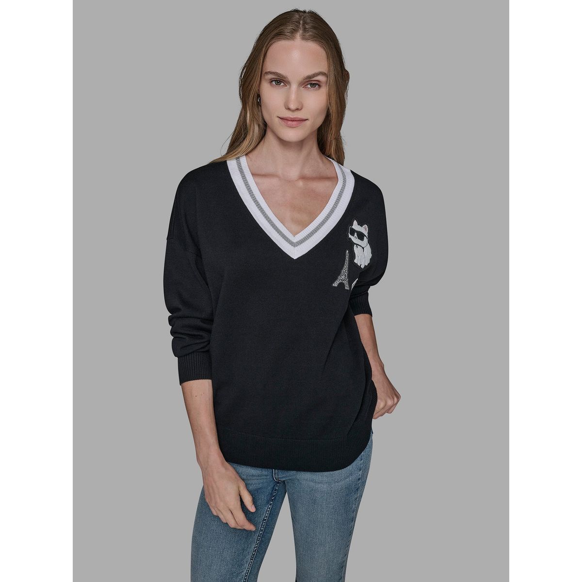 KARL LAGERFELD - Sweater varsity con parches distintivos de Choupette y la Torre Eiffel