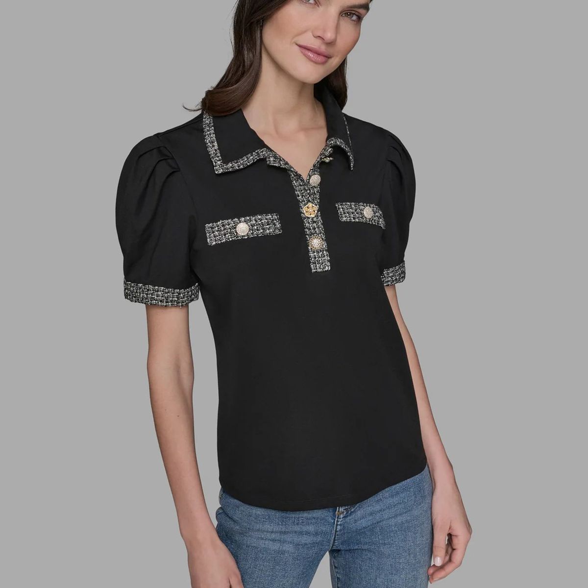 KARL LAGERFELD - Top con mangas abullonadas y cuello camisero