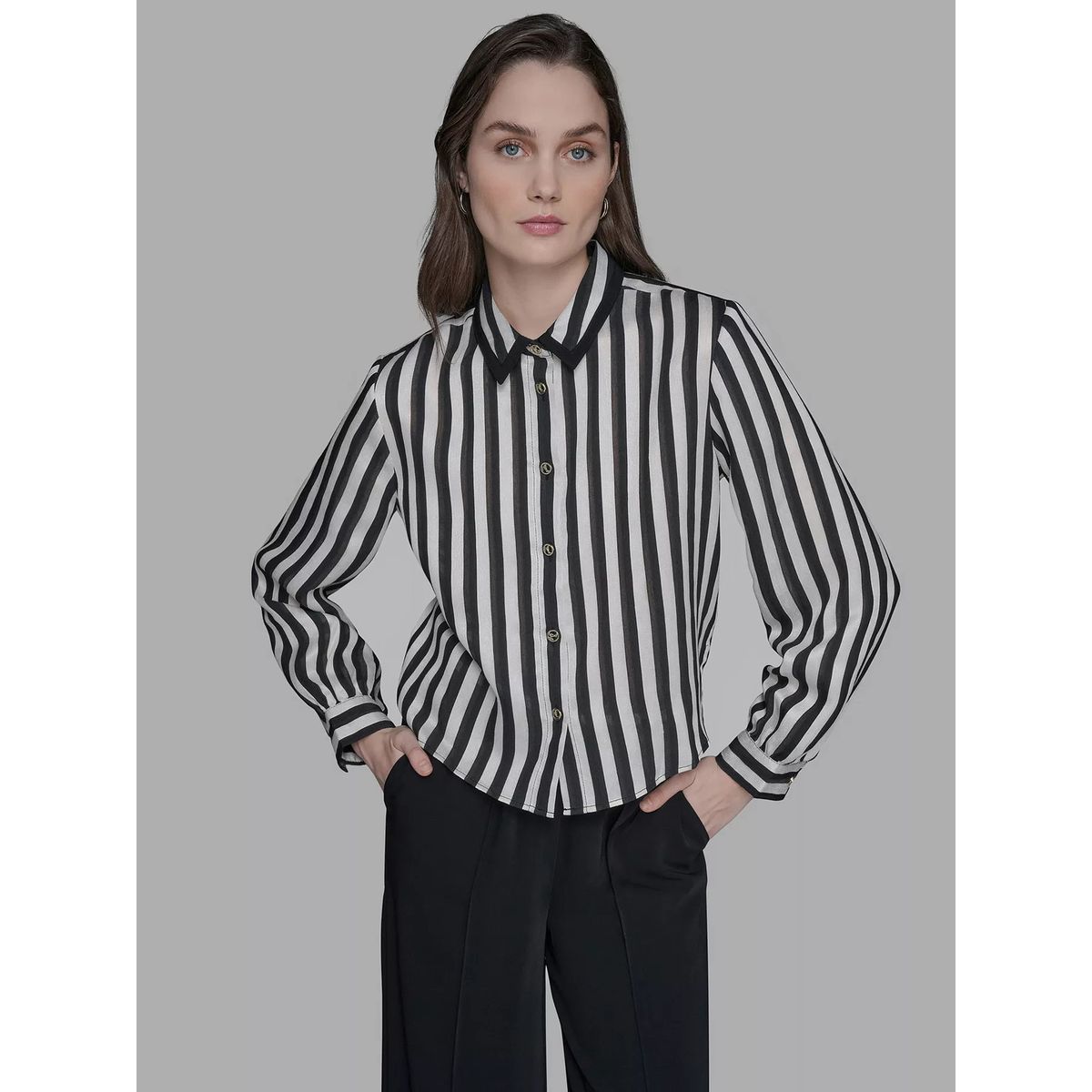 KARL LAGERFELD - Camisa manga larga con patrón de rayas y bolsillos frontales
