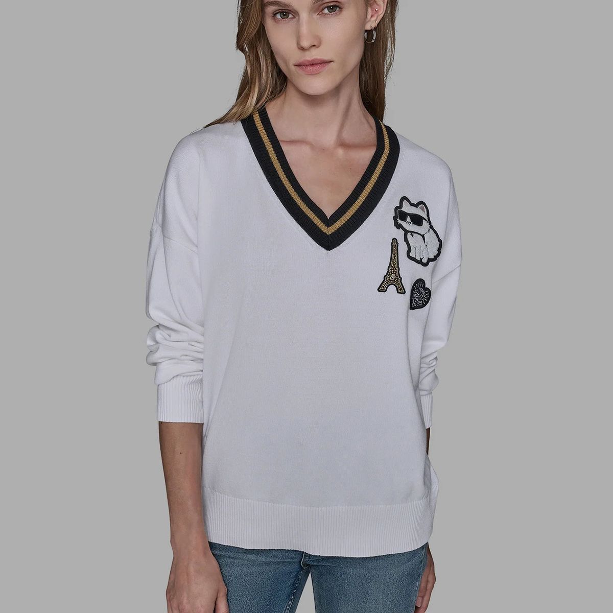 KARL LAGERFELD - Sweater varsity con parches distintivos de Choupette y la Torre Eiffel