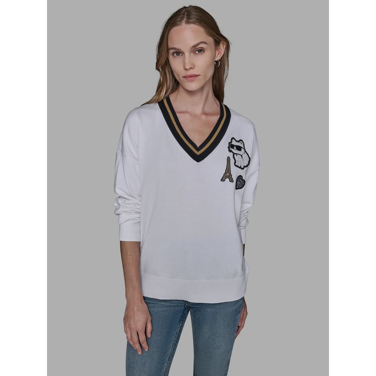 KARL LAGERFELD - Sweater varsity con parches distintivos de Choupette y la Torre Eiffel