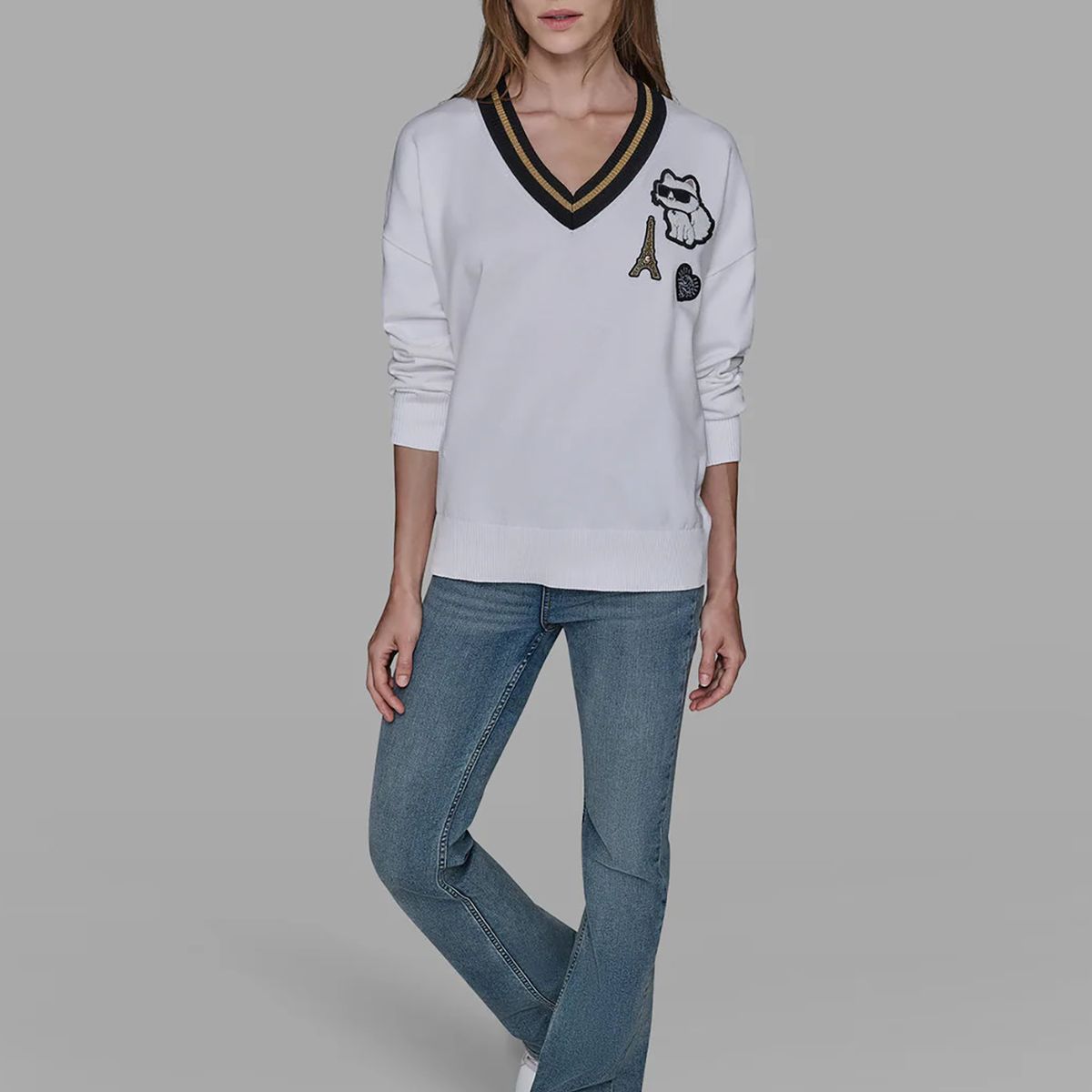 KARL LAGERFELD - Sweater varsity con parches distintivos de Choupette y la Torre Eiffel