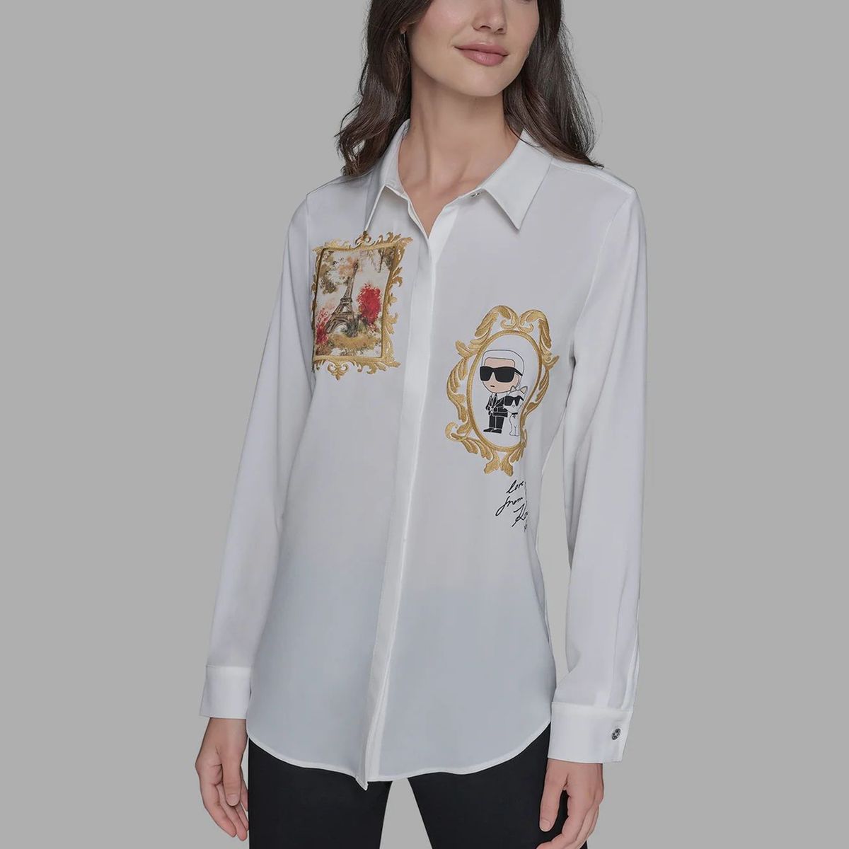 KARL LAGERFELD - Camisa de manga larga con estampados de retrato de París, Karl & Choupette