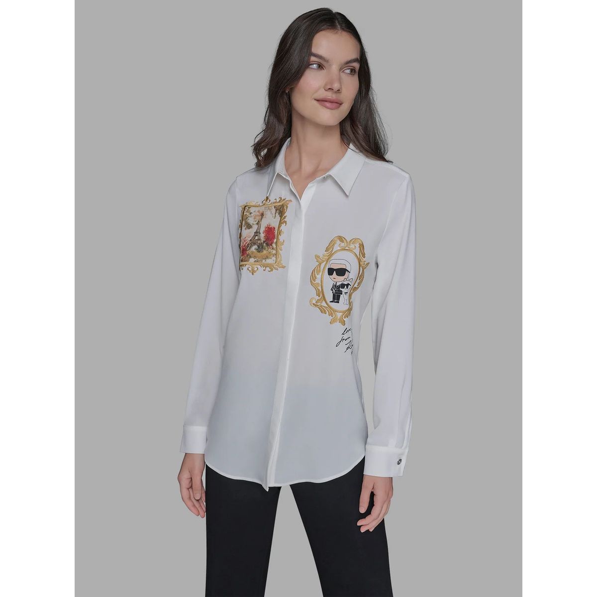 KARL LAGERFELD - Camisa de manga larga con estampados de retrato de París, Karl & Choupette