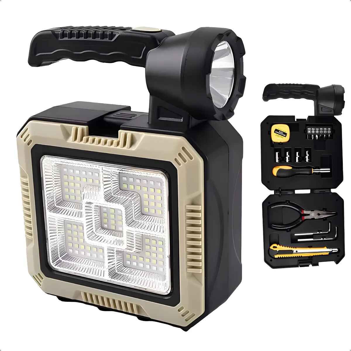 TASBEL - Linterna Recargable Solar 3 Modos + Kit Herramientas Blanco Negro