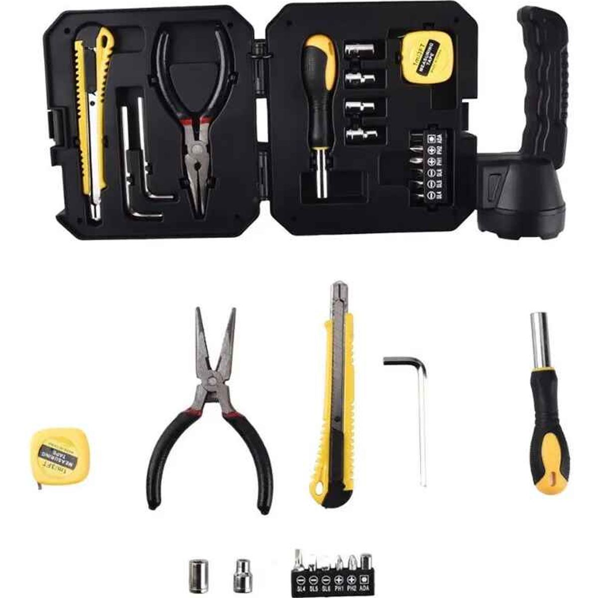 TASBEL - Linterna Recargable Solar 3 Modos + Kit Herramientas Blanco Negro