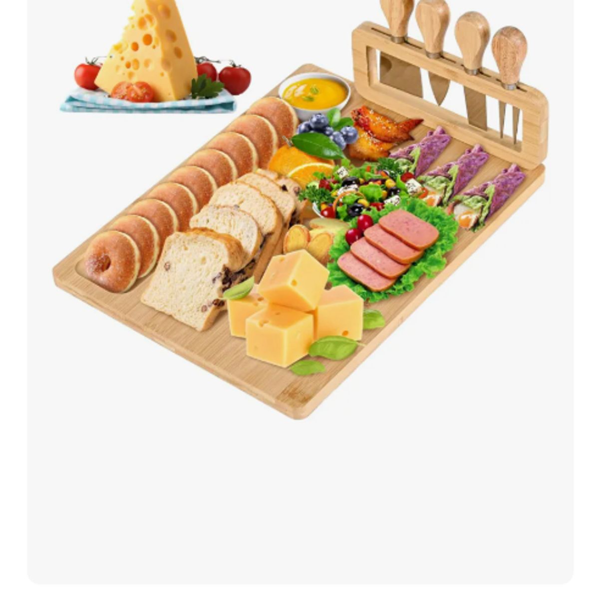 GENERICO - Set Tabla De Picoteo Quesos Bambú 35x27cm Con 4 Cuchillos