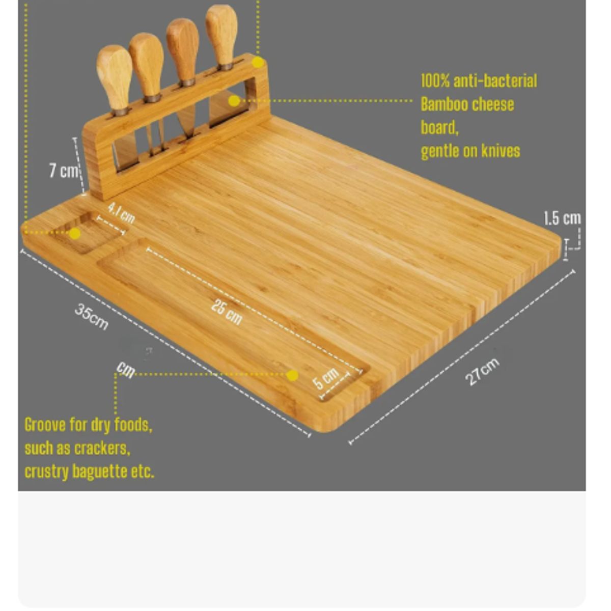 GENERICO - Set Tabla De Picoteo Quesos Bambú 35x27cm Con 4 Cuchillos