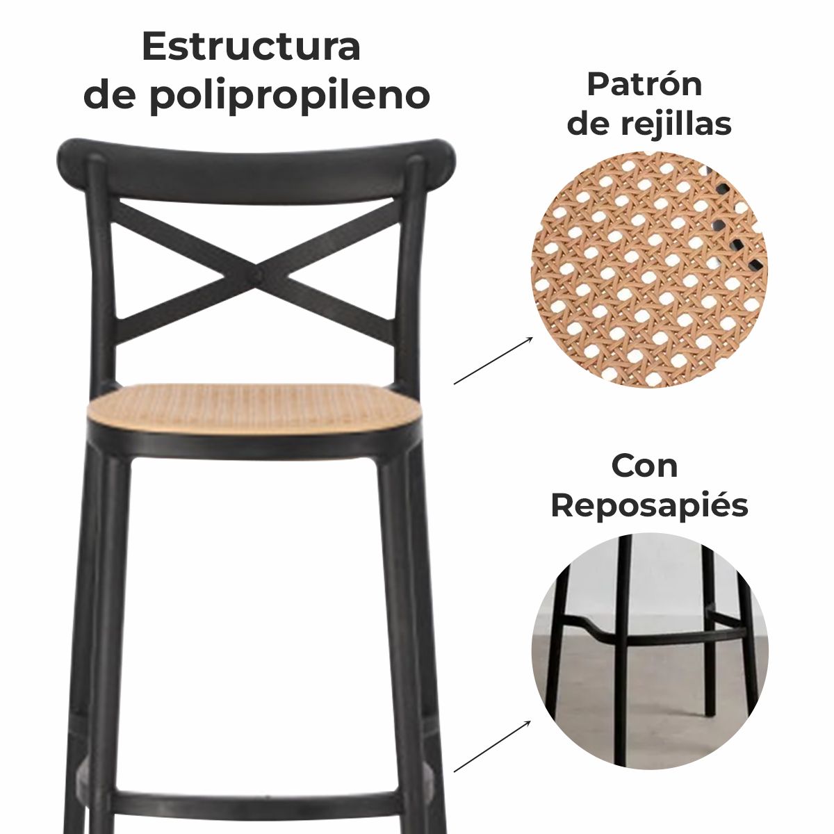 VENHOOUSE - Pack 2 Taburete Piso Bar O Terraza Apilable 75cm Crossback Danubio Venhoouse Negro