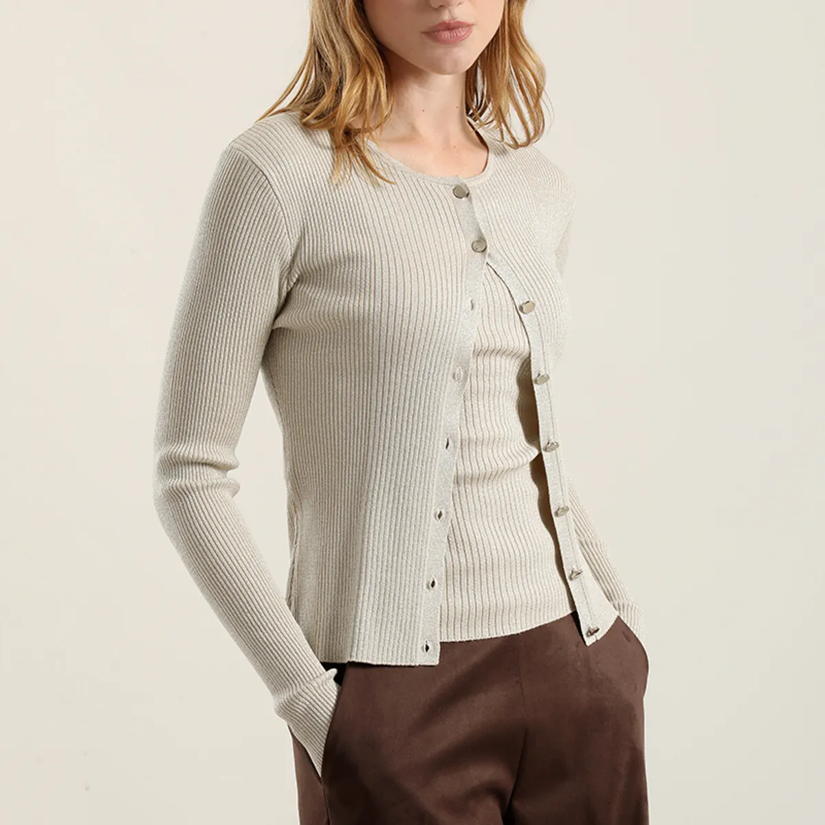 LIOLA - Cardigan punto hilo metalizado, crudo Liola