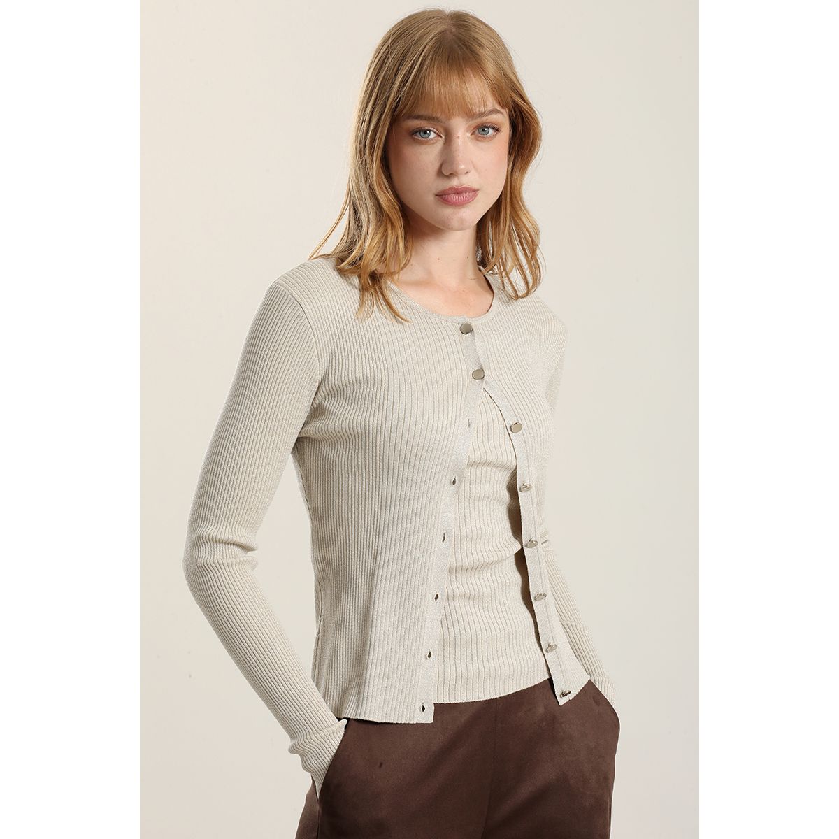 LIOLA - Cardigan punto hilo metalizado, crudo Liola