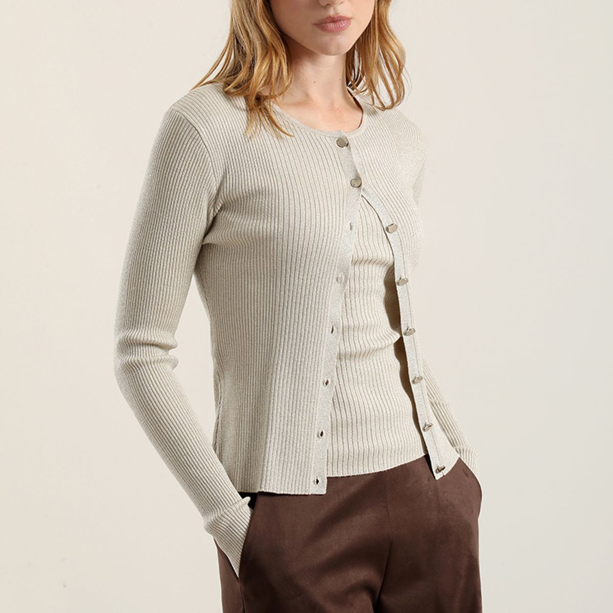 LIOLA - Cardigan punto hilo metalizado, crudo Liola