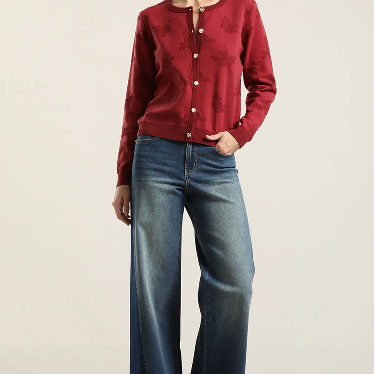 LIOLA - Cardigan punto jacquard flores, burdeo Liola