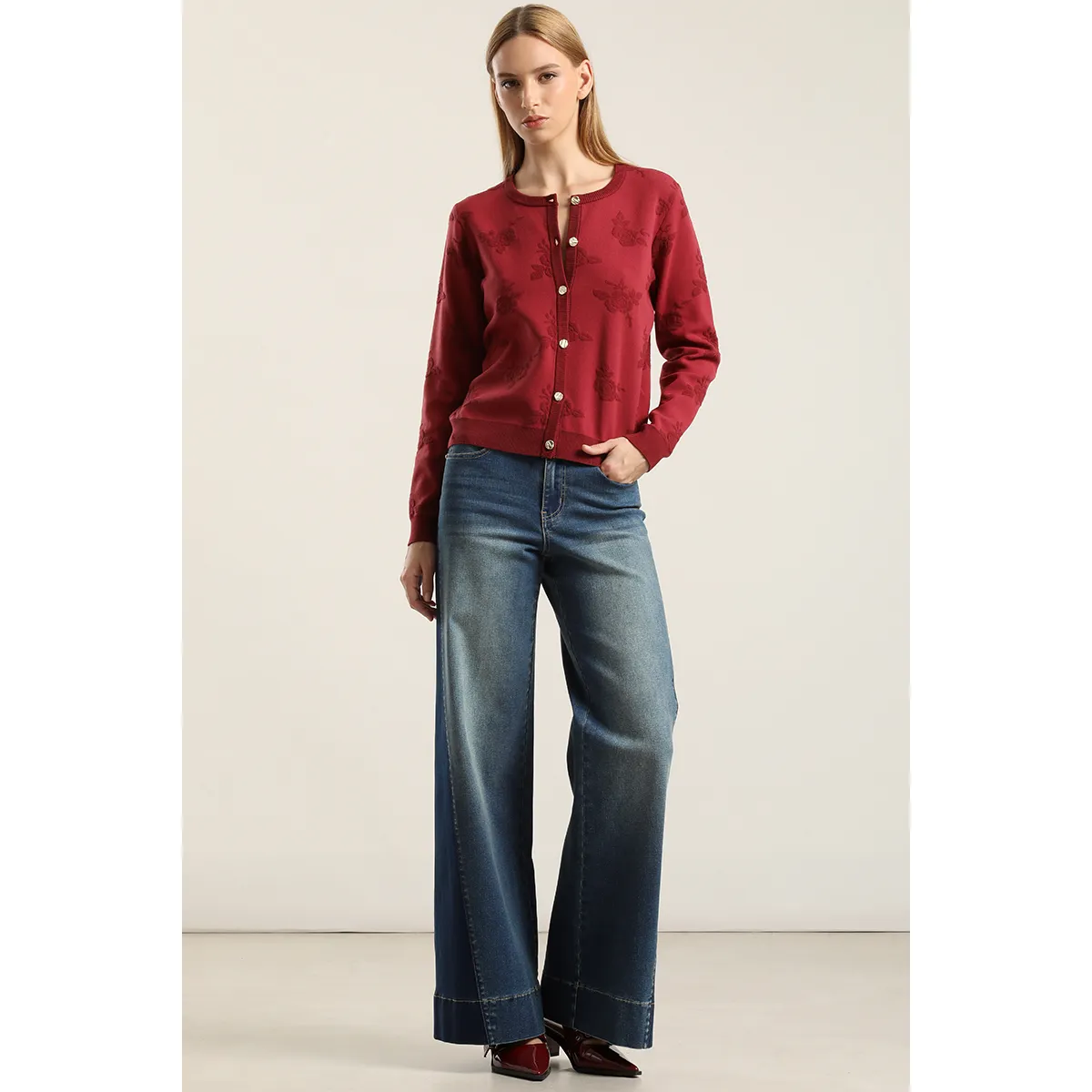 LIOLA - Cardigan punto jacquard flores, burdeo Liola