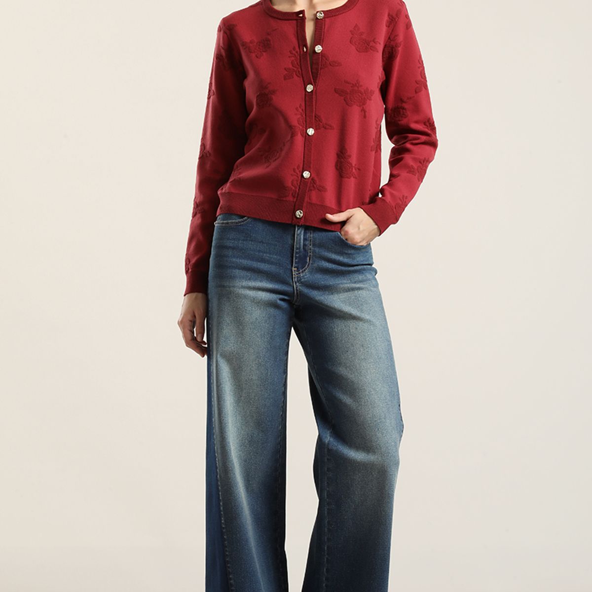 LIOLA - Cardigan punto jacquard flores, burdeo Liola