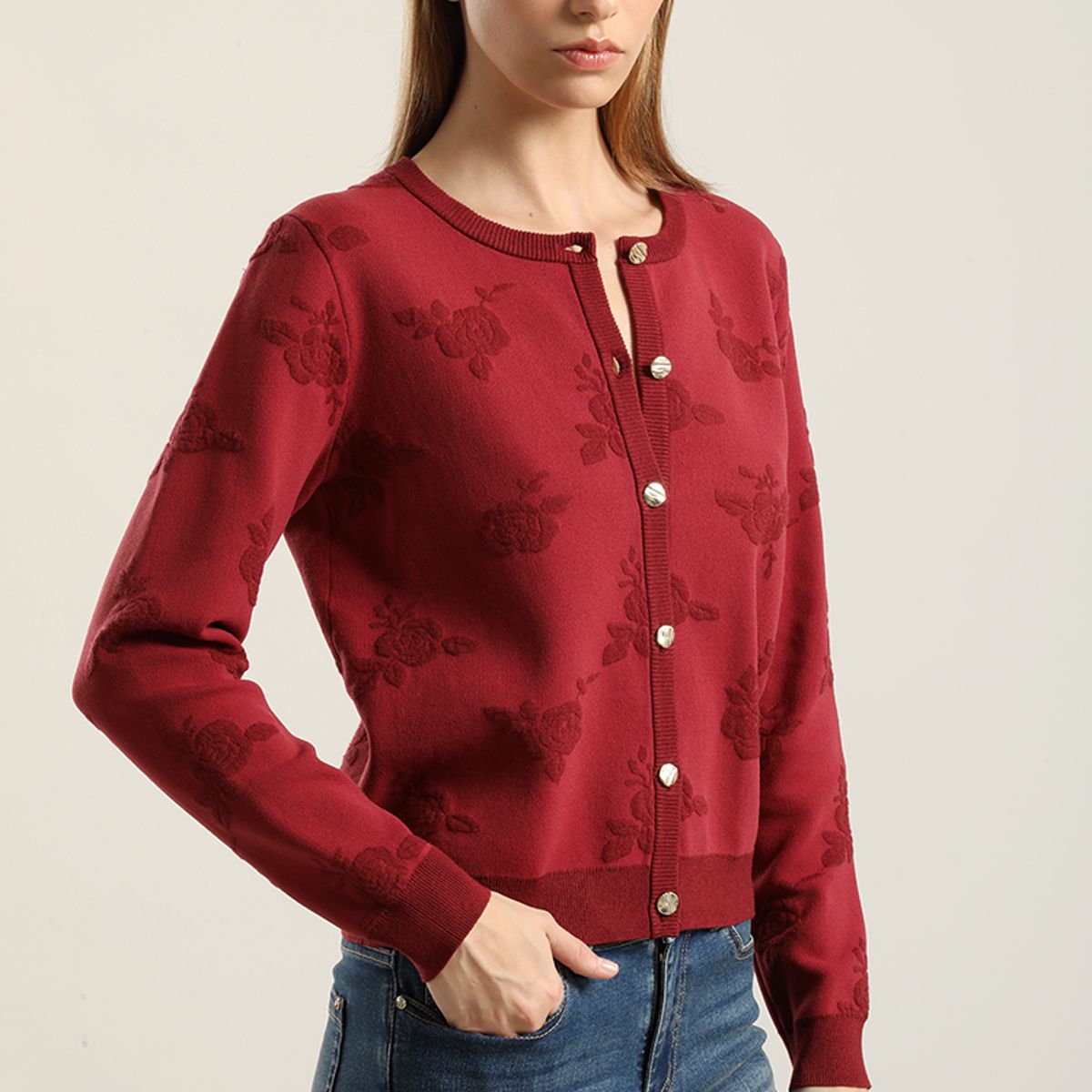 LIOLA - Cardigan punto jacquard flores, burdeo Liola