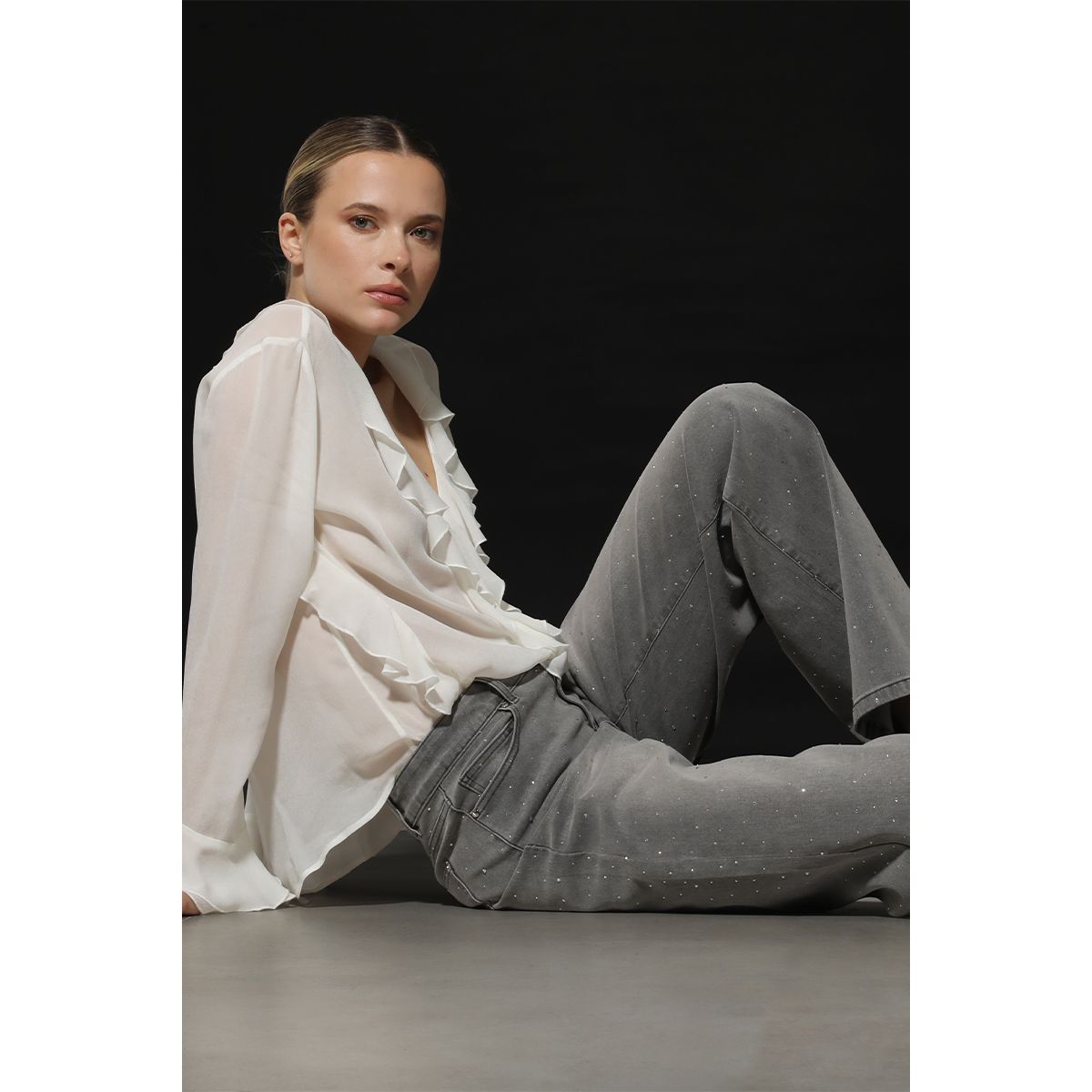 LIOLA - Jeans straight strass, gris Liola