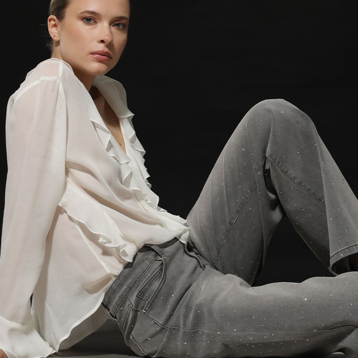 LIOLA - Jeans straight strass, gris Liola