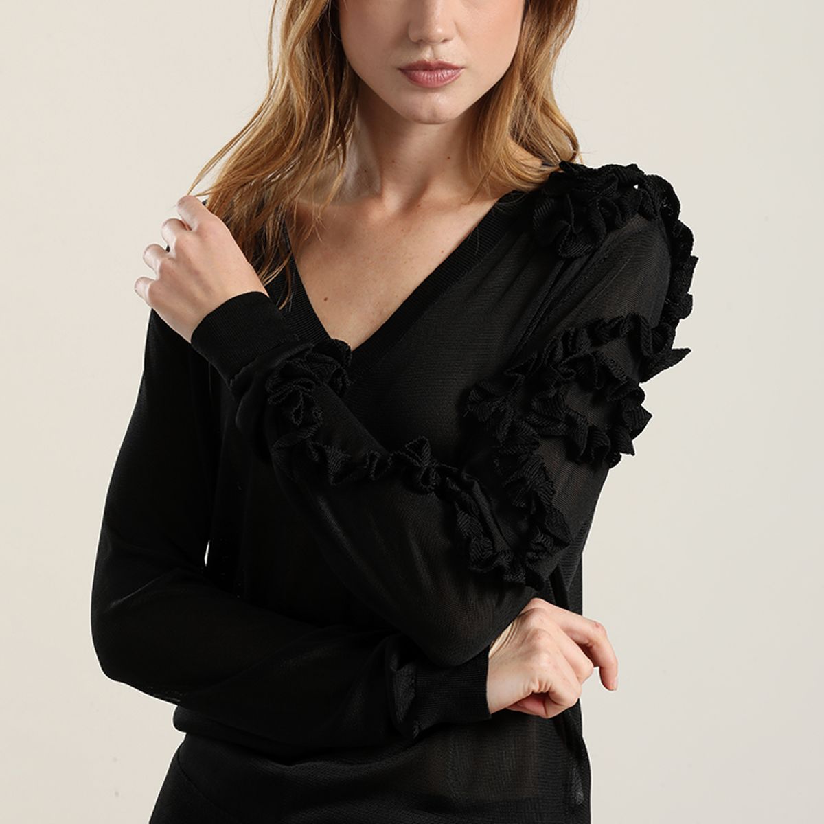 LIOLA - Jersey punto semitrasparente, volados, negro Liola