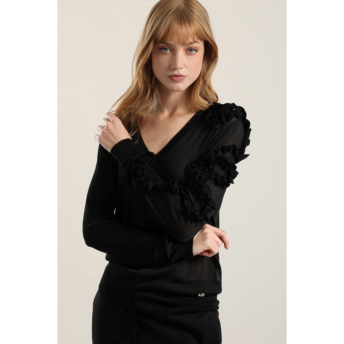 LIOLA - Jersey punto semitrasparente, volados, negro Liola