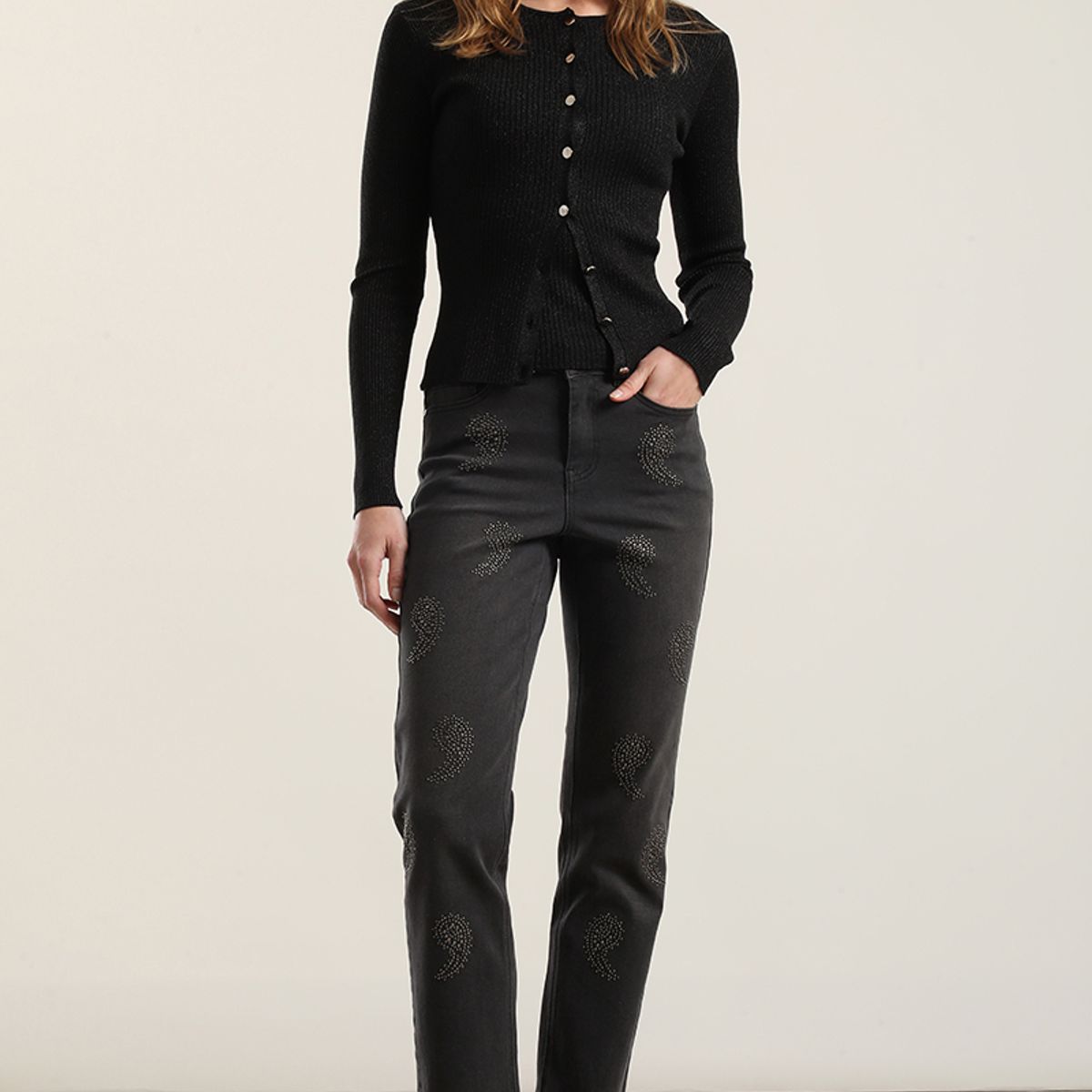 LIOLA - Cardigan punto hilo metalizado, negro Liola