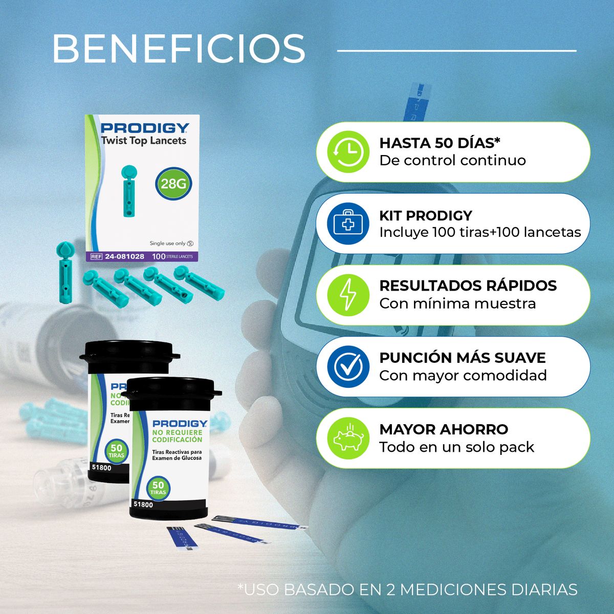 PRODIGY - 100 Tiras Reactivas Prodigy + 100 Lancetas