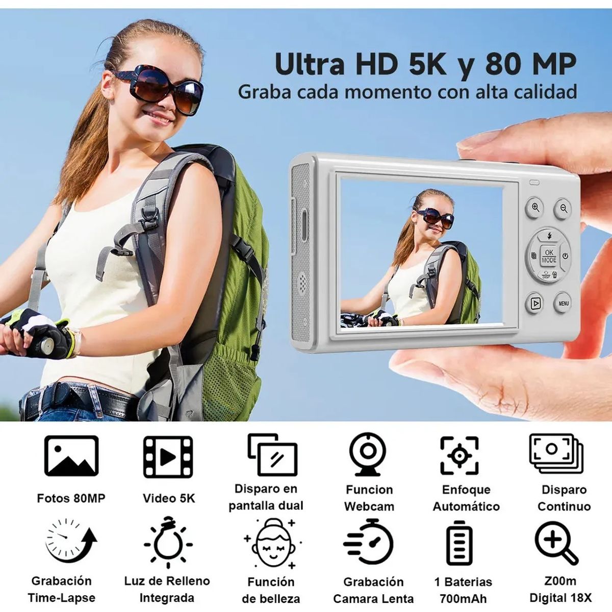 EVERSO - Cámara Digital 5K Ultra HD 80MP con Zoom 18X Pantalla LCD 24”