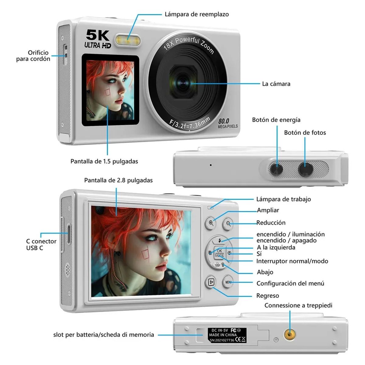 EVERSO - Cámara Digital 5k Portátil Pantalla Dual Con Luz De Relleno Blanco