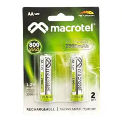 MACROTEL - Pack 2 Pilas Recargables AA 1.2v 2300mha